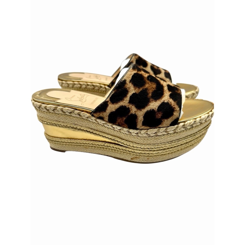 Christian Louboutin Brown/Beige Calf Hair Myriama Leopard Wedges Sandals Size 37 - Picture 2 of 7